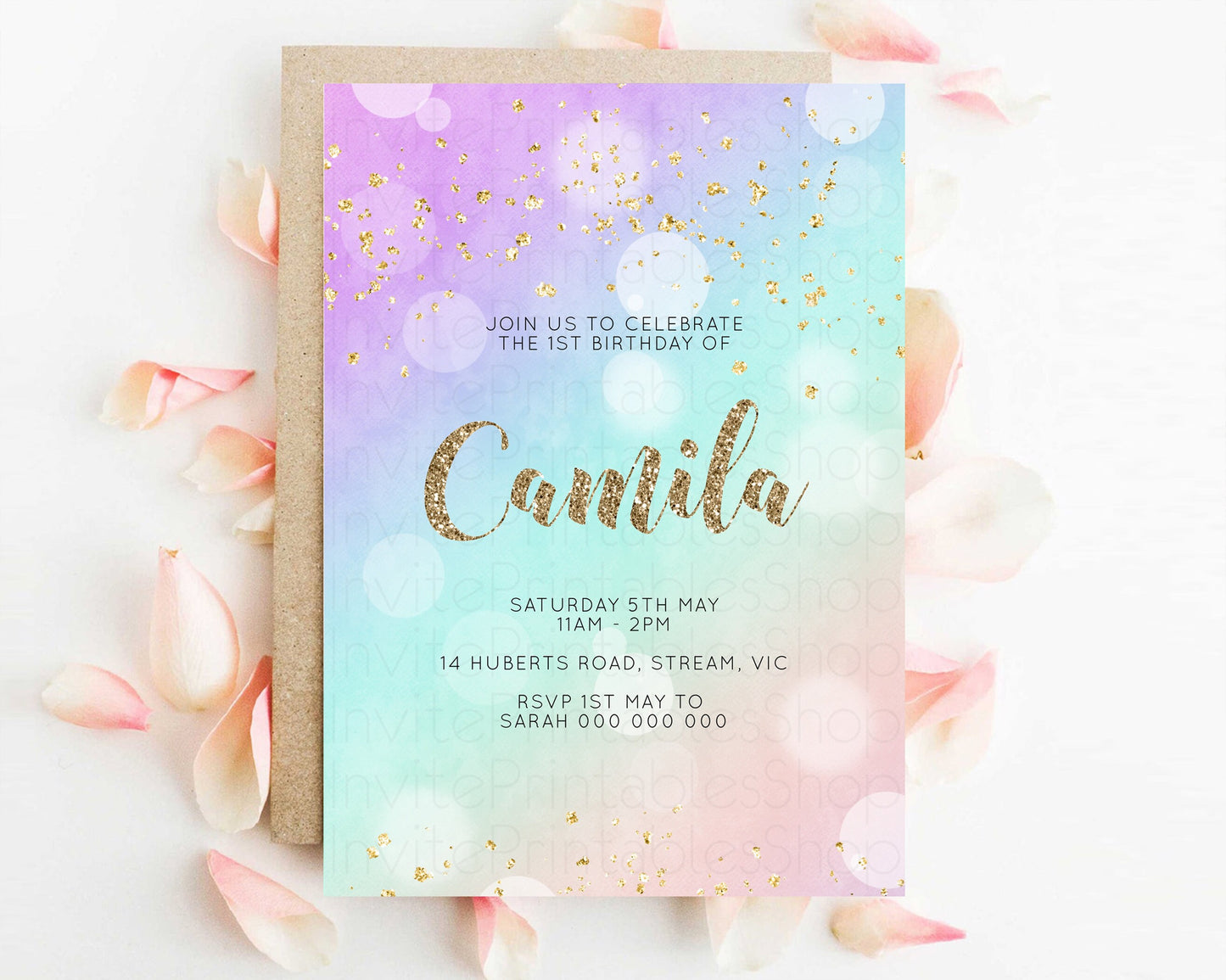 Rainbow Birthday Invitation Pastel Birthday Invite Ombre Watercolor Invite Enchanted Theme Colorful Splash Glitter Sprinkles 1st 2nd 3rd