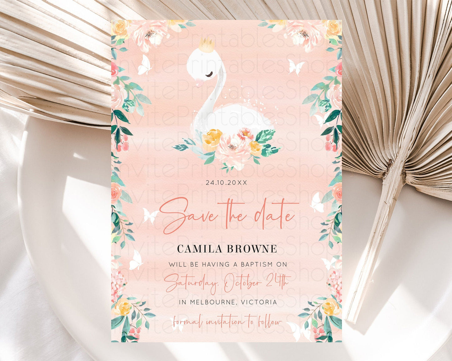 Swan Save The Date Template Swan Princess Ballet Party Enchanted Swan Lake Secret Garden Pastel Floral Birthday Baptism Baby Shower D10884