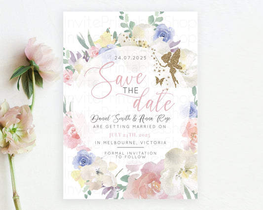 Editable Fairy Save The Date Template Enchanted Garden Pastel Floral Butterf