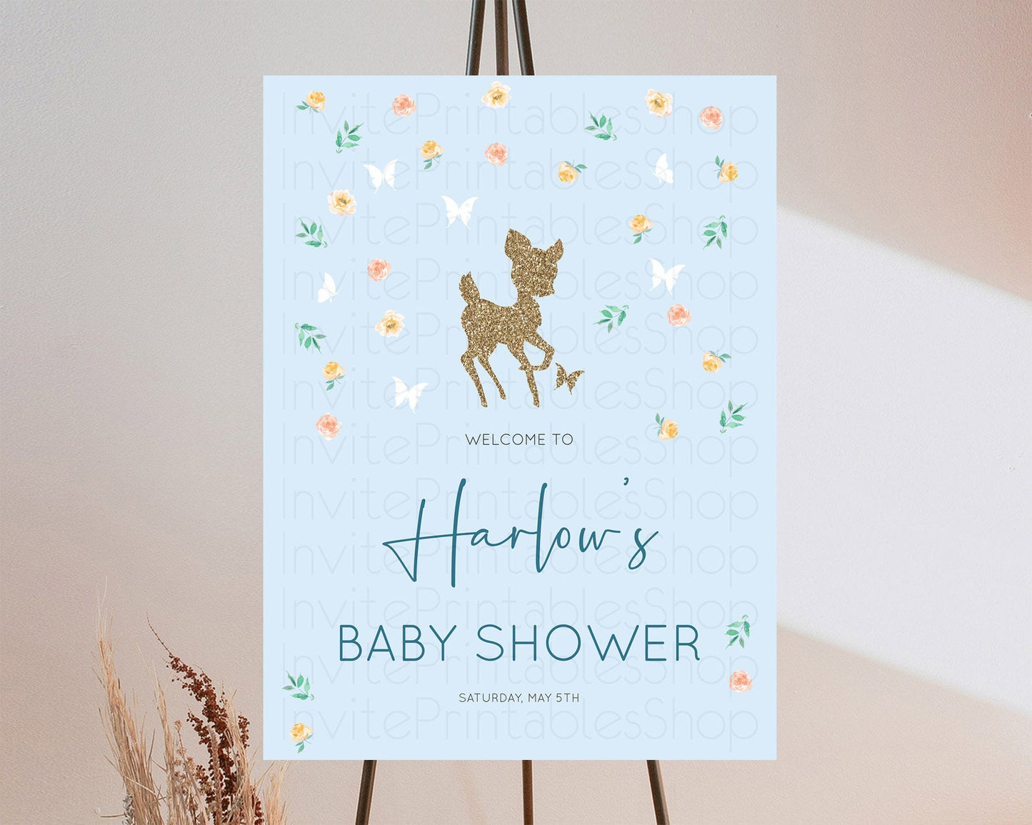 Fawn Baby Shower Welcome Sign Deer Welcome Board Floral Deer Welcome Poster Enchanted Forest Butterfly Pastel Floral Welcome Sign D10902