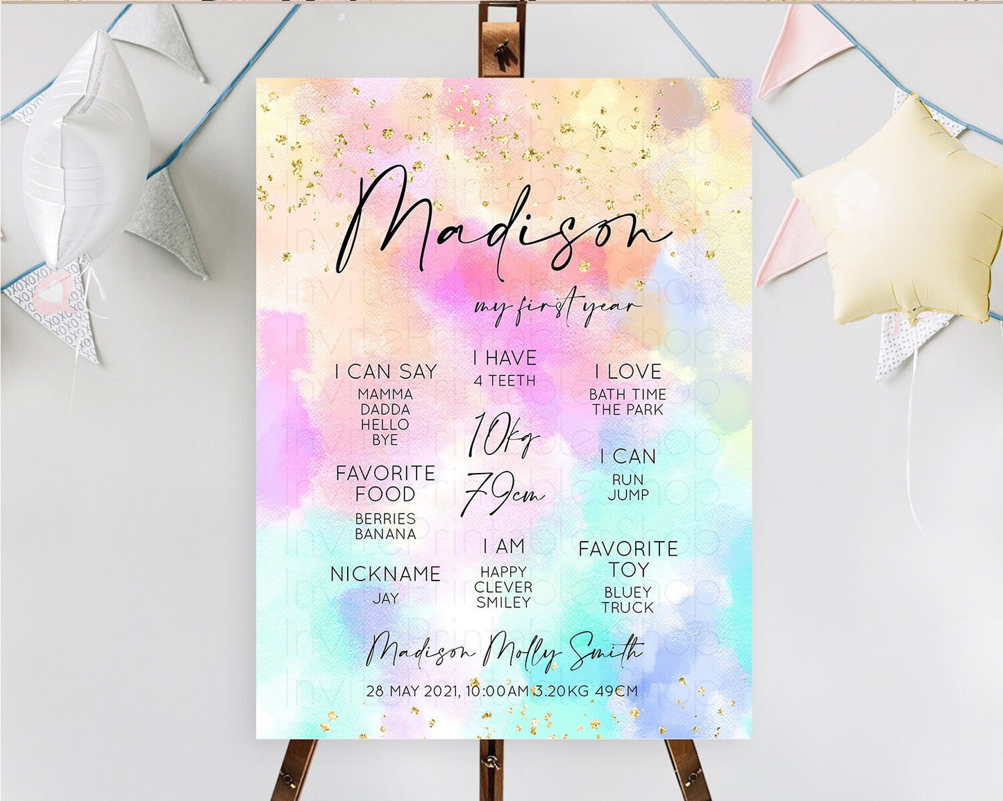 Pastel First Birthday Milestone Board Pastel Rainbow Milestone Poster Colorful Confetti Watercolor Glitter 1st Birthday Welcome Sign D10667