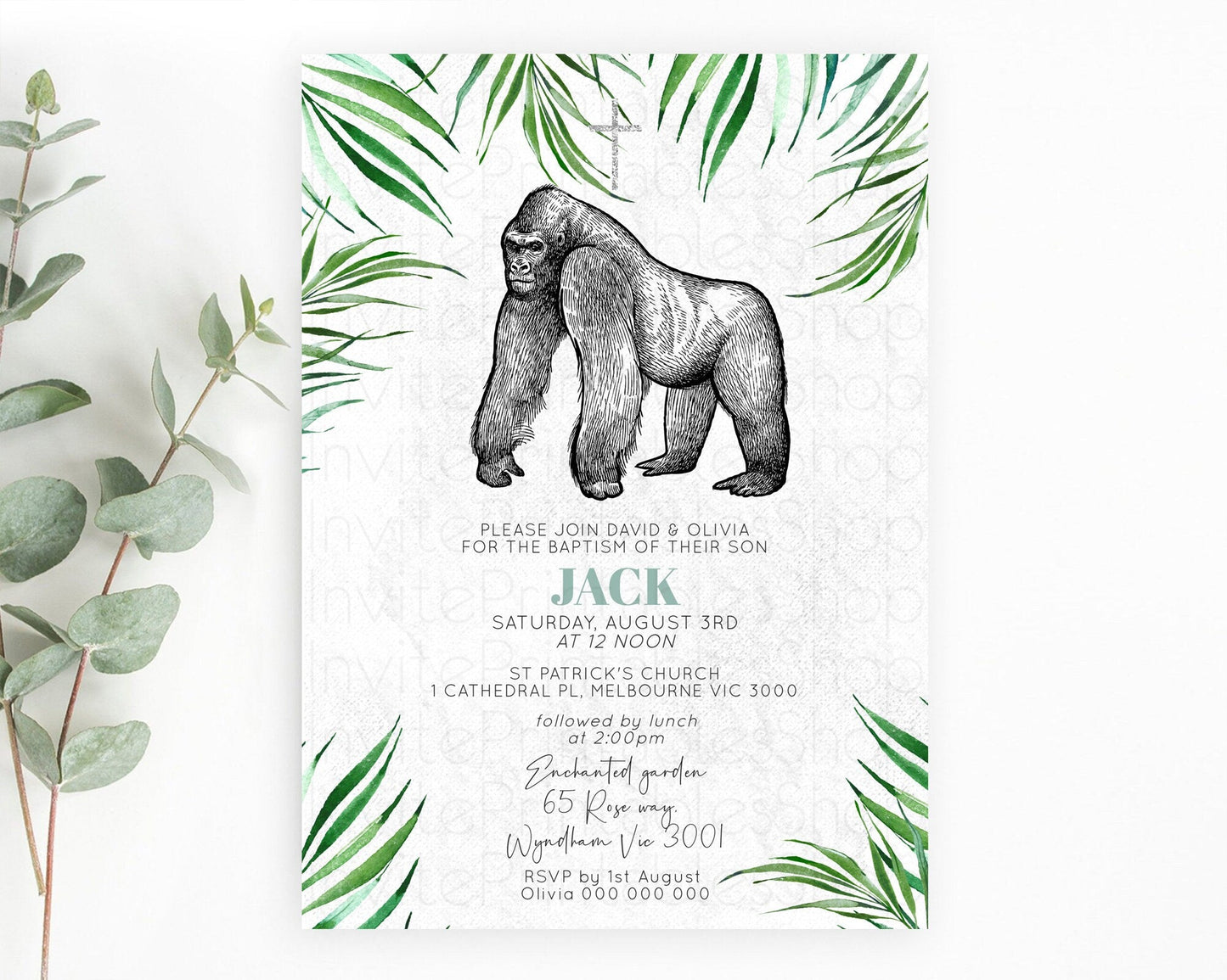 Gorilla Baptism Invitation Gorilla Baptism 1st Birthday Invitation Gorilla Jungle Adventure Christening Invitation Wild Zoo Theme D10846