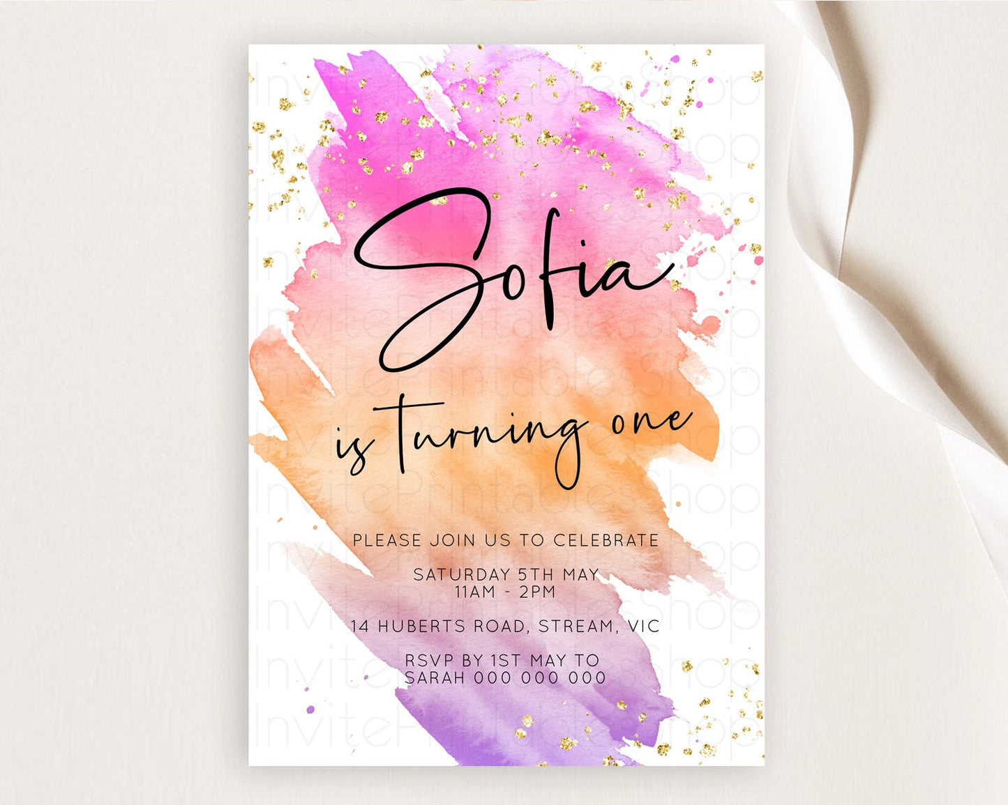 Rainbow Birthday Invitation Colorful Pastel Watercolor Invitation Gold Glitter Sprinkles Ombre Pastel 1st 2nd 3rd Birthday D10488