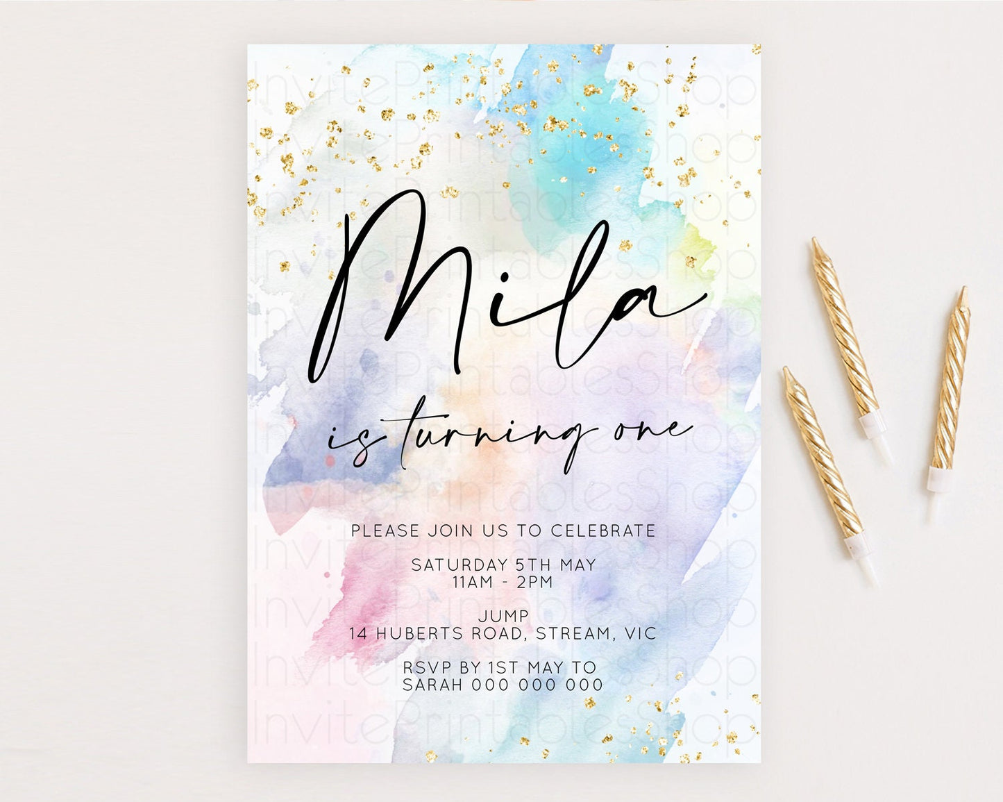 Rainbow Birthday Invitation Colorful Pastel Watercolor Invitation Gold Glitter Sprinkles Ombre Pastel 1st 2nd 3rd Birthday D10420