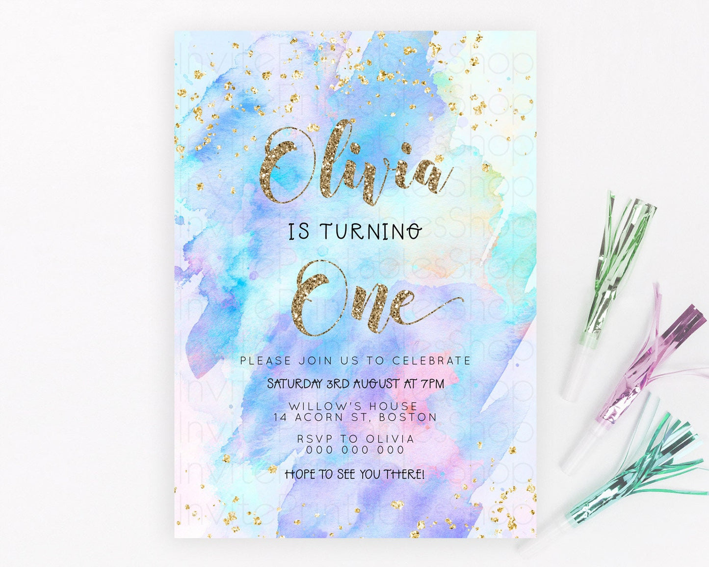 Rainbow Birthday Invitation Colorful Pastel Watercolor Invitation Gold Glitter Sprinkles Ombre Pastel 1st 2nd 3rd Birthday D23292