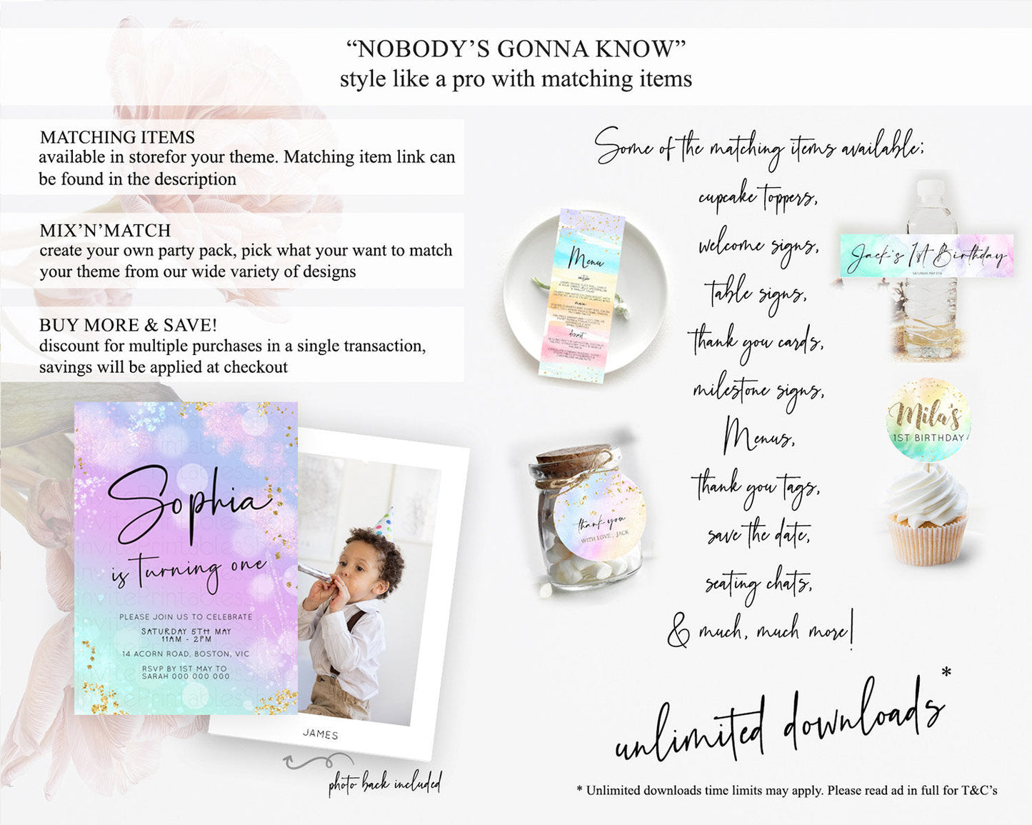 Pastel Birthday Invitation Ombre Watercolor Birthday Invitation Glitter Rainbow Color Splash 1st 2nd 3rd Birthday Invitation D23109
