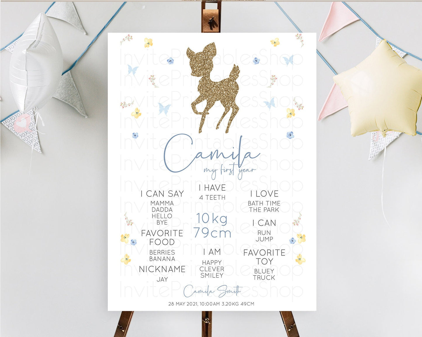 Fawn First Birthday Milestone Board Deer First Birthday Milestone Poster Enchanted Forest Butterfly Pastel Flowers 1st Birthday Sign D10360