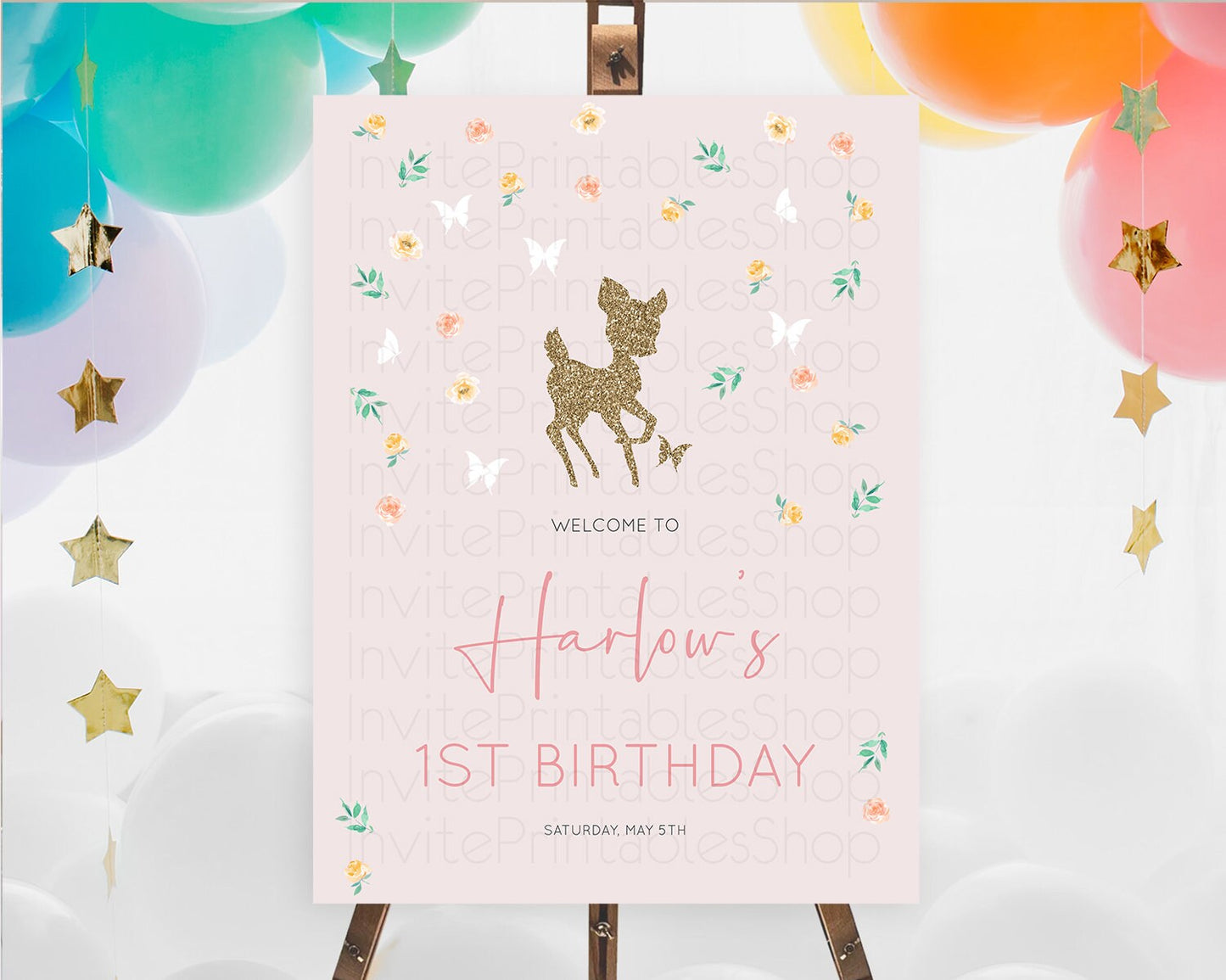 Fawn Welcome Sign Deer Welcome Board Floral Deer Welcome Poster Enchanted Forest Butterfly Pastel Floral First Birthday Welcome Sign D10386