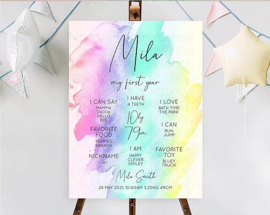 Pastel First Birthday Milestone Board Pastel Rainbow Milestone Poster Colorful Confetti Watercolor Glitter 1st Birthday Welcome Sign D10231