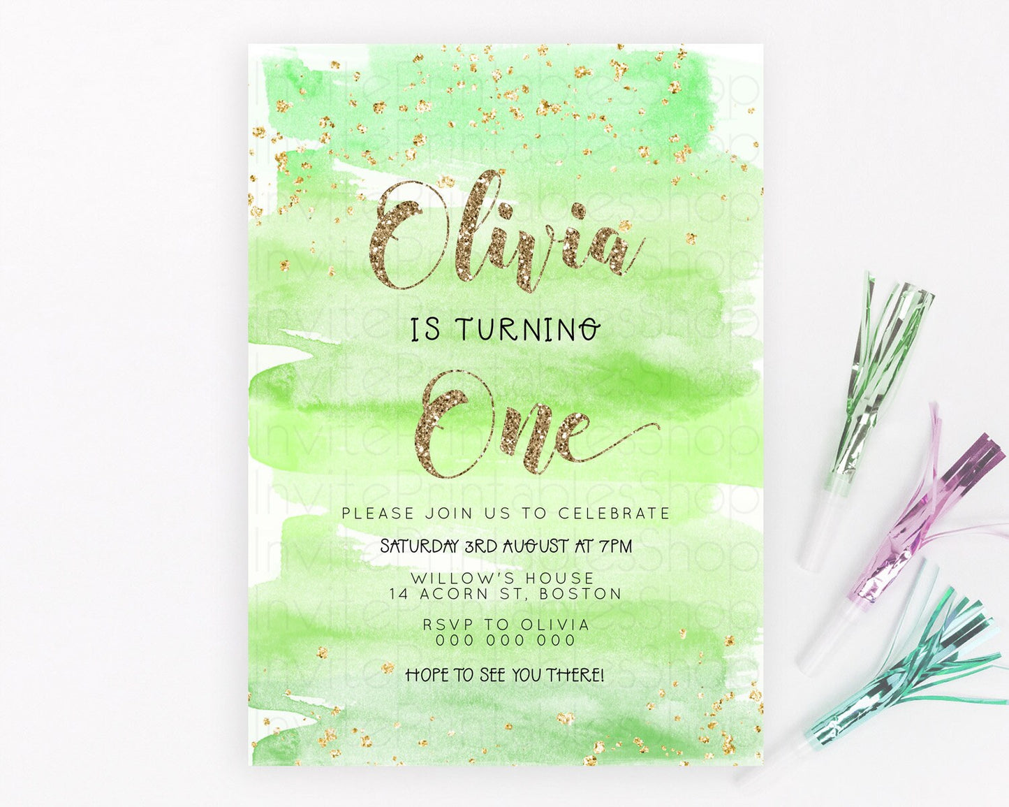 Green Birthday Invitation green Watercolor Invitation Pastel green Watercolor Invitation green Splash Gold Invitation First Birthday D23281