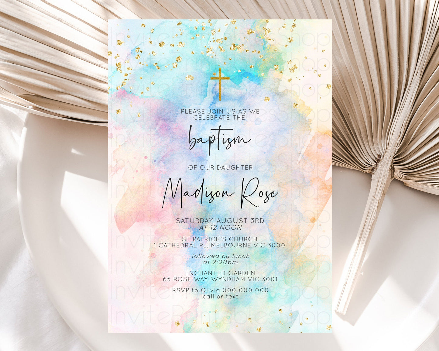 Pastel Baptism Invitation Pastel Colors Watercolor Baptism 1st Birthday Party Gold Ombre Pastel Rainbow Christening Holy Communion D10266