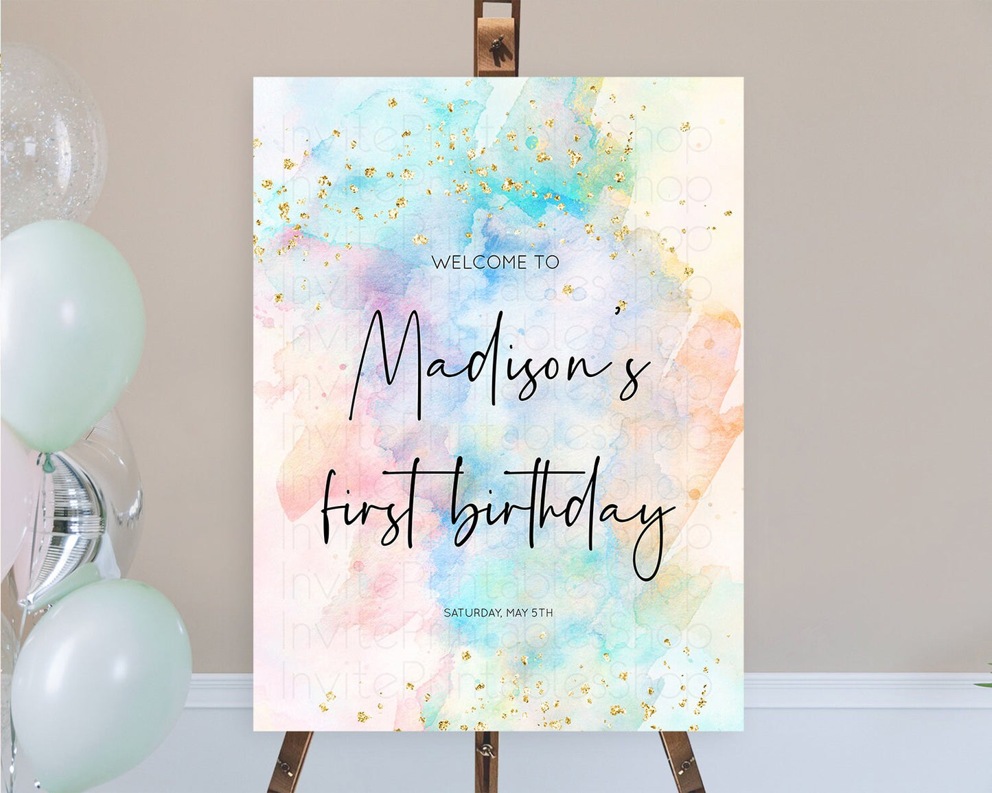 Pastel Welcome Sign Pastel Rainbow Welcome Sign Colorful Rainbow Confetti Watercolor Glitter Pastel First Birthday Welcome Sign D10266