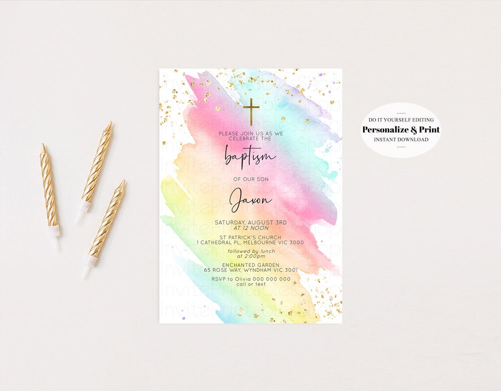 Rainbow Baptism Invite Pastel Invite Rainbow Pastel Invite Rainbow Christening Invite Glitter Gold Cross Invite Watercolor invite T518