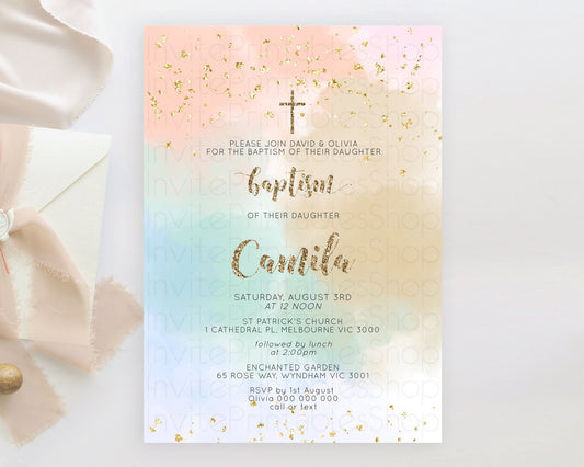 Pastel Baptism Invitation Pastel Colors Watercolor Baptism 1st Birthday Party Gold Ombre Pastel Rainbow Christening Holy Communion D10377