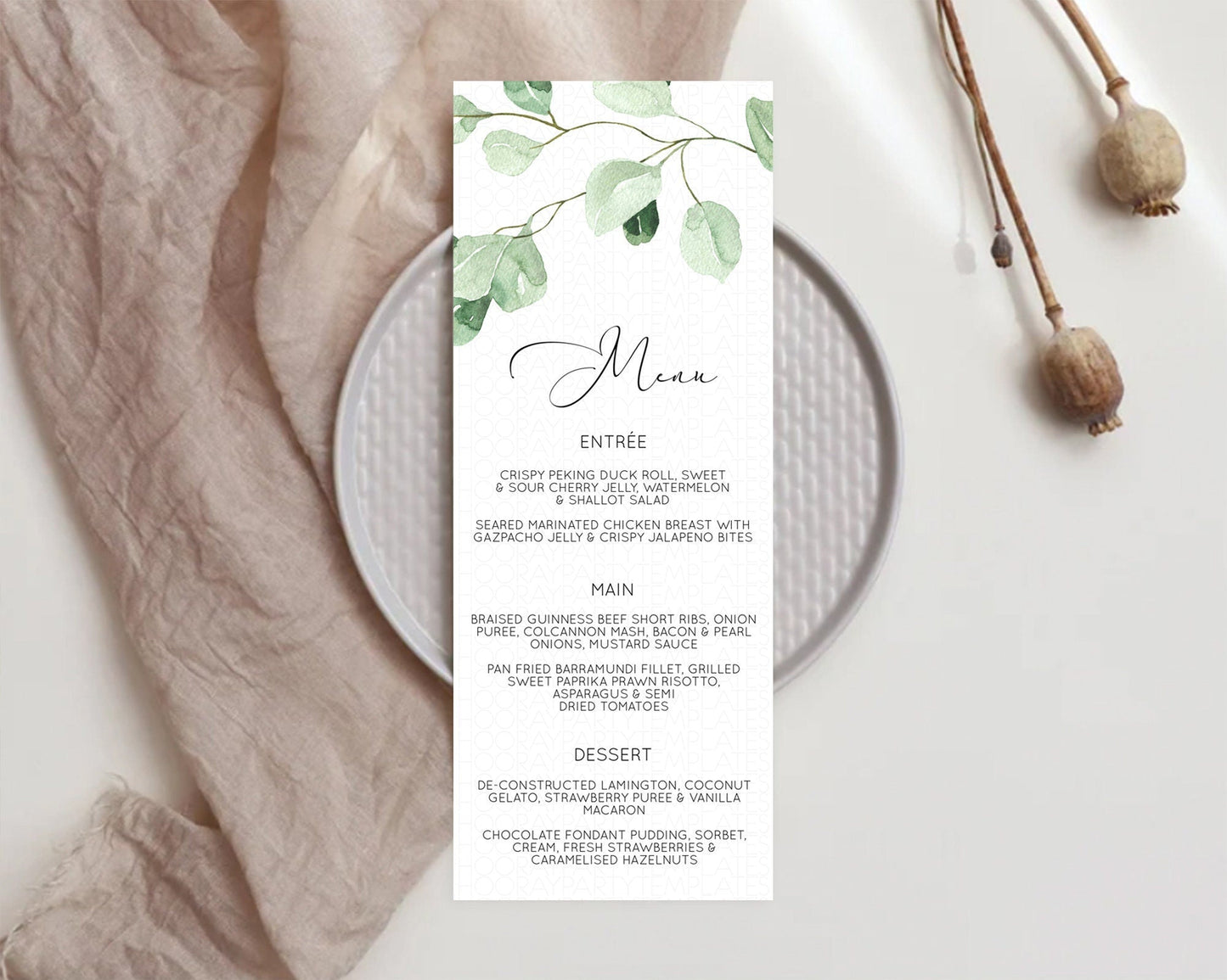 Leafy Menu Green Leaf Menu Template Eucalyptus Fern Leaves Decor Watercolor Boho Garden Leaf Branch Dinner Dessert Party Food Menu D11054