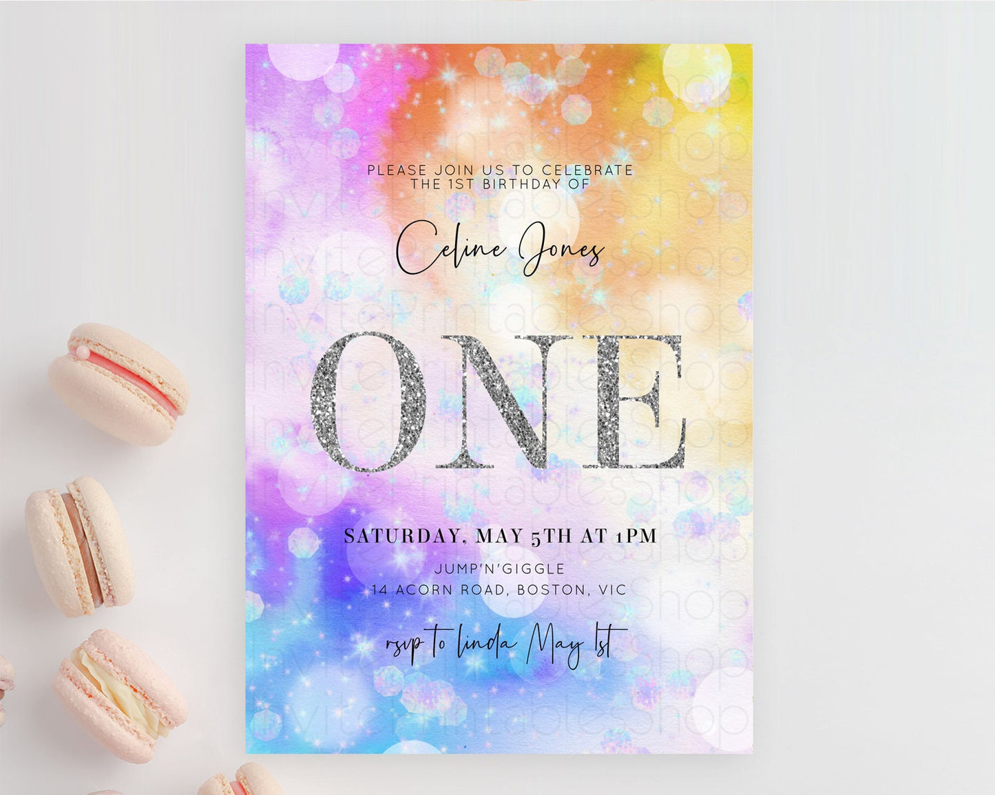 Rainbow Birthday Invitation Colorful Pastel Watercolor Silver Glitter Sprinkles Ombre Pastel Invitation 1st 2nd 3rd First Birthday D10690