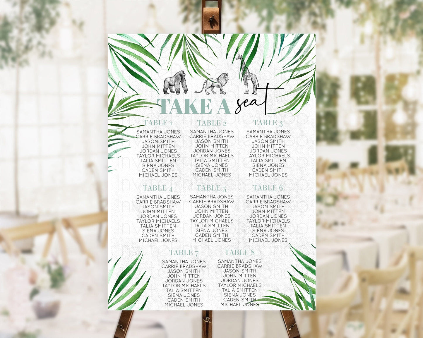 Safari Seating Chart Lion Gorilla Elephant Rhino Tropical Palm Decor Jungle Safari Adventure Zoo Take A Seat Sign D10853