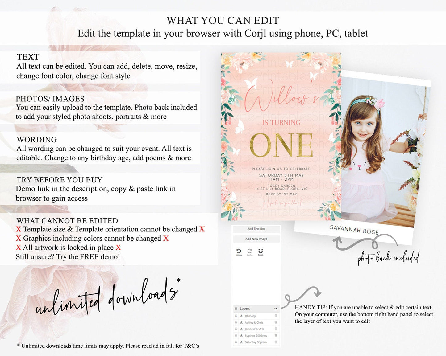 Secret Garden Invitation Wildflower Birthday Invitation Pastel Flowers Invite Enchanted Garden Boho Floral 3rd 2nd First Birthday D10245