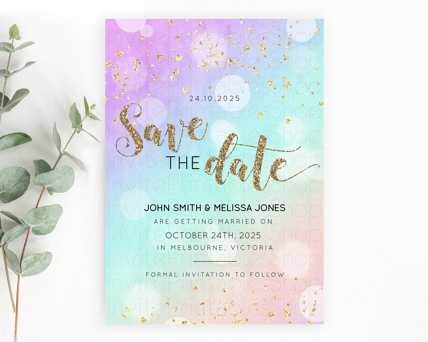 Pastel Save The Date Template Pastel Ombre Rainbow Watercolor Colorful Party For Birthday Baptism Baby Shower Wedding Bridal Shower D10621