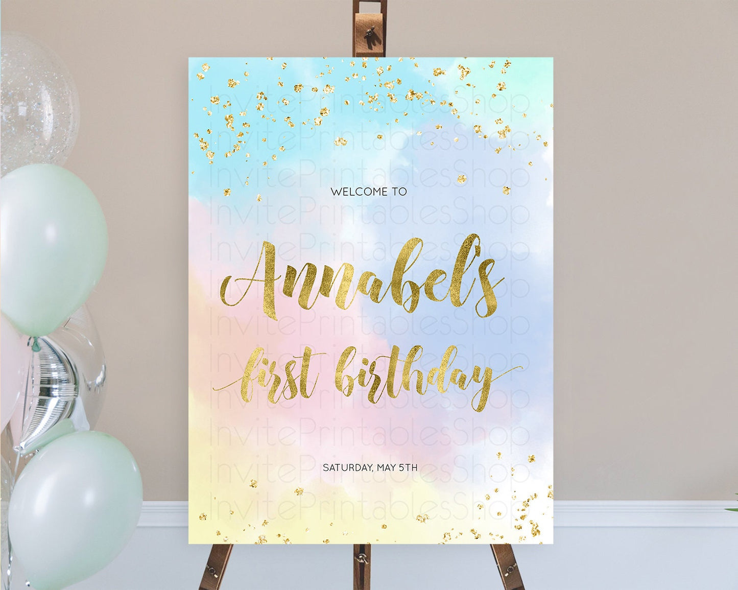 Pastel Welcome Sign Pastel Rainbow Welcome Sign Colorful Rainbow Confetti Watercolor Glitter Pastel First Birthday Welcome Sign D10892