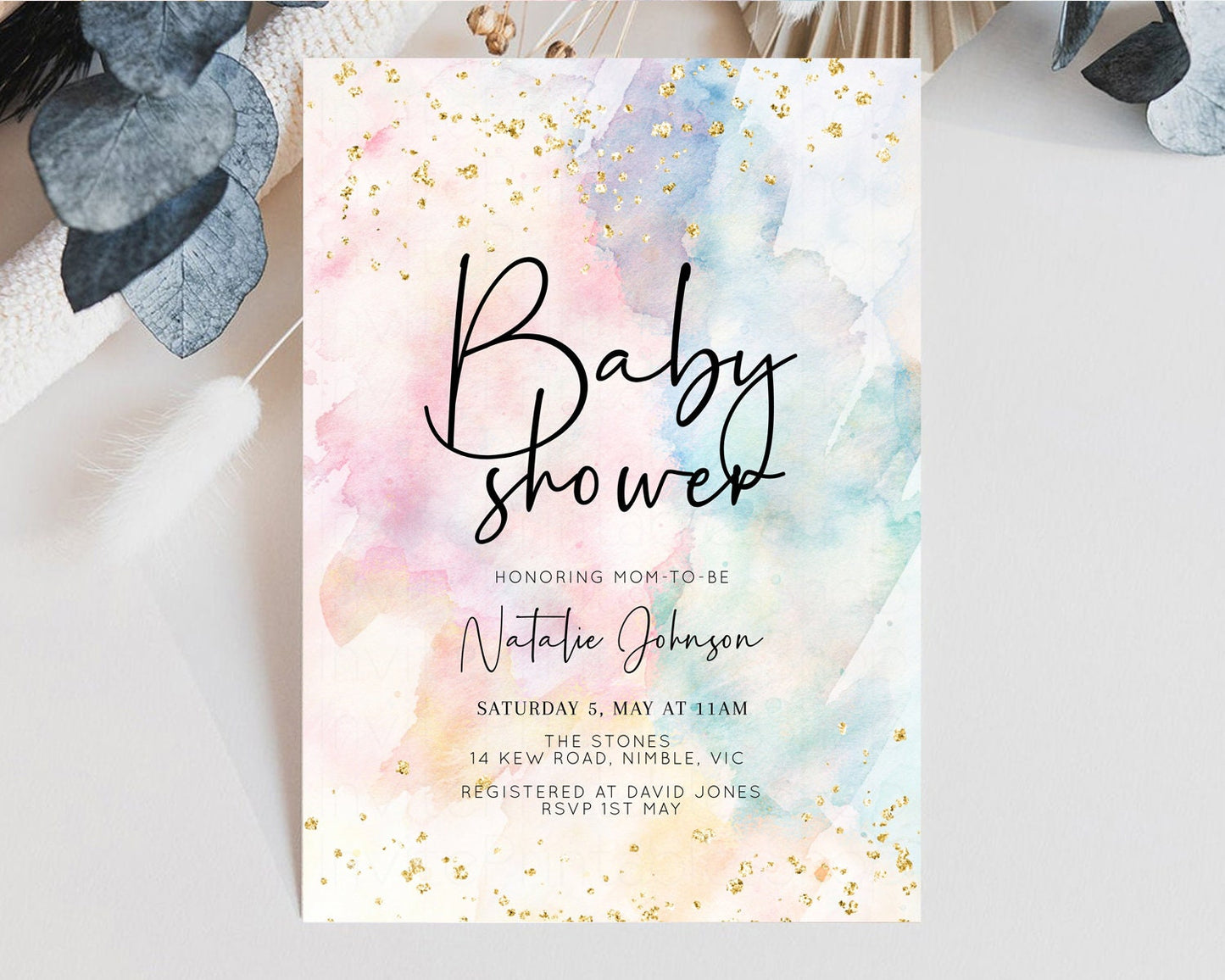 Rainbow Baby Shower Invitation Pastel Baby Shower Invitation Watercolor Ombre Invitation Rainbow Pastel Colors Invite Glitter Confetti 276