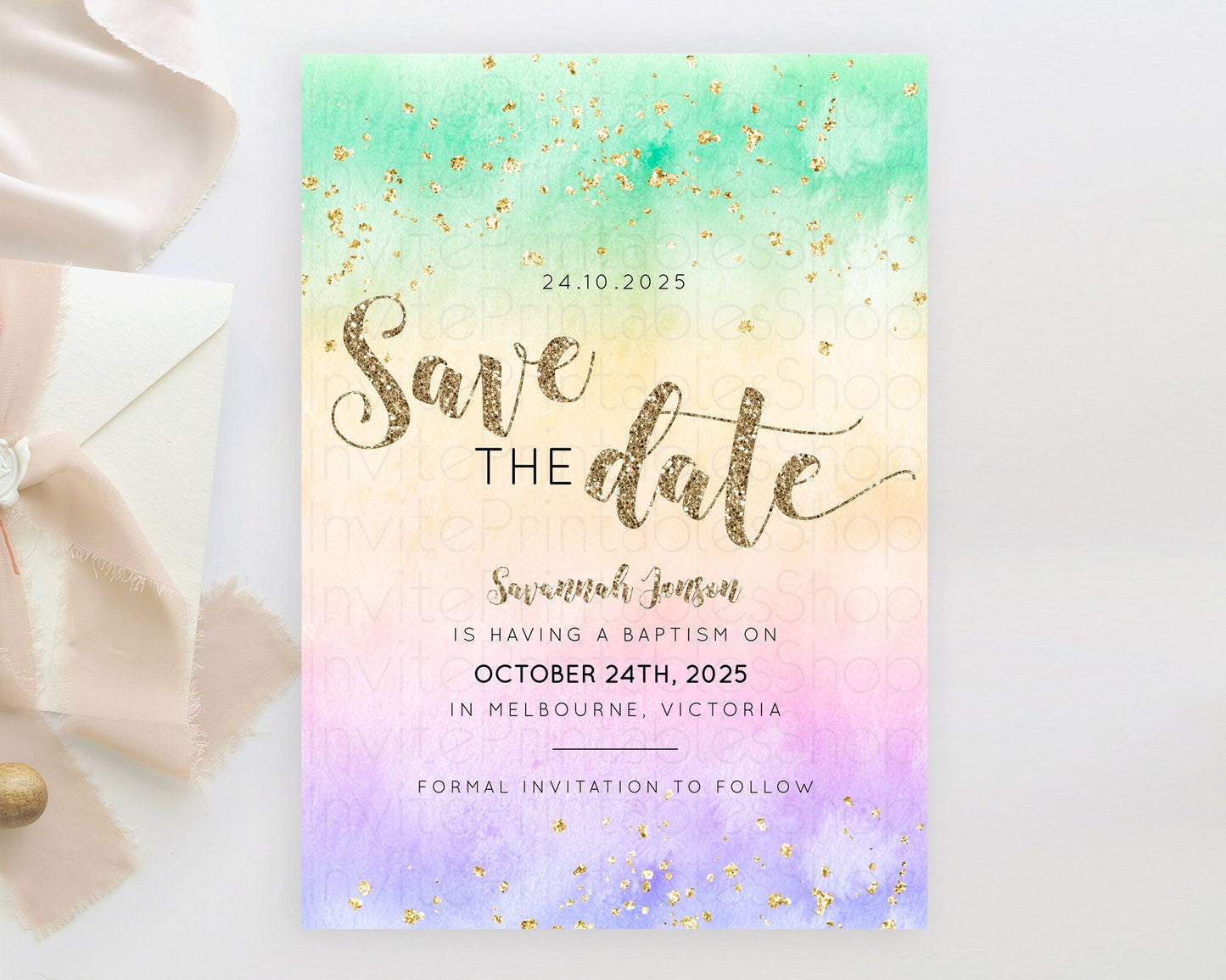 Pastel Save The Date Template Pastel Ombre Rainbow Watercolor Colorful Party For Birthday Baptism Baby Shower Wedding Bridal Shower D10478