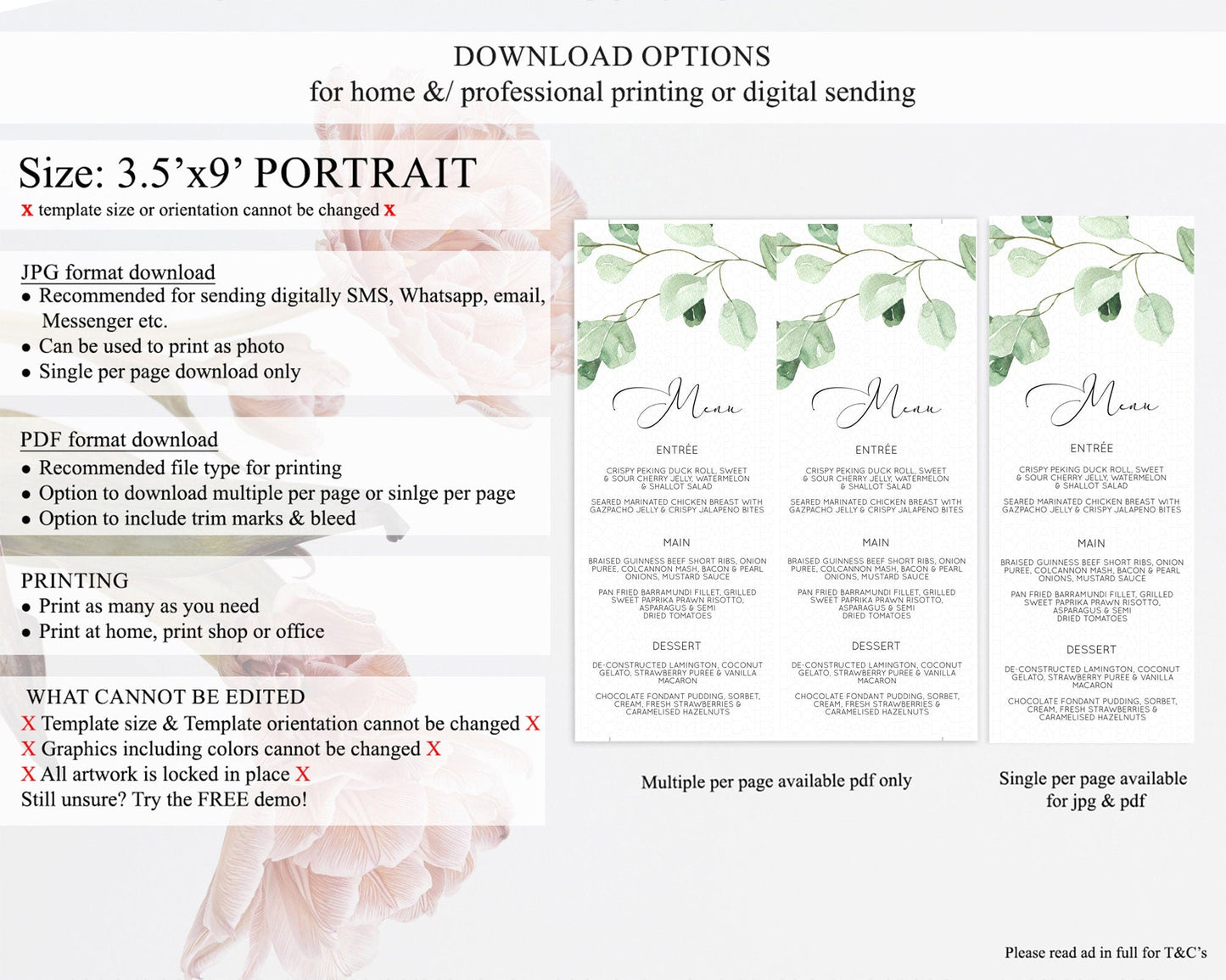 Leafy Menu Green Leaf Menu Template Eucalyptus Fern Leaves Decor Watercolor Boho Garden Leaf Branch Dinner Dessert Party Food Menu D11054