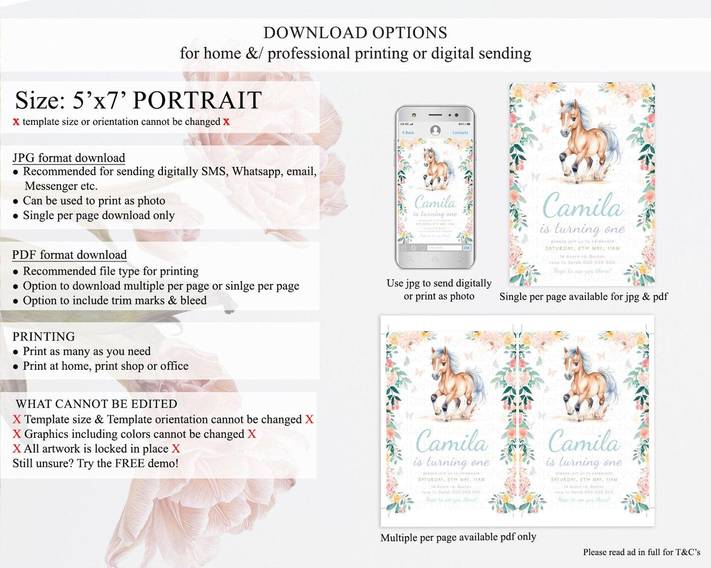 Editable Horse Birthday Invitation Girl Saddle Up Watercolor Cowgirl Party Horse Invite Pink Floral Download Printable Template d23385