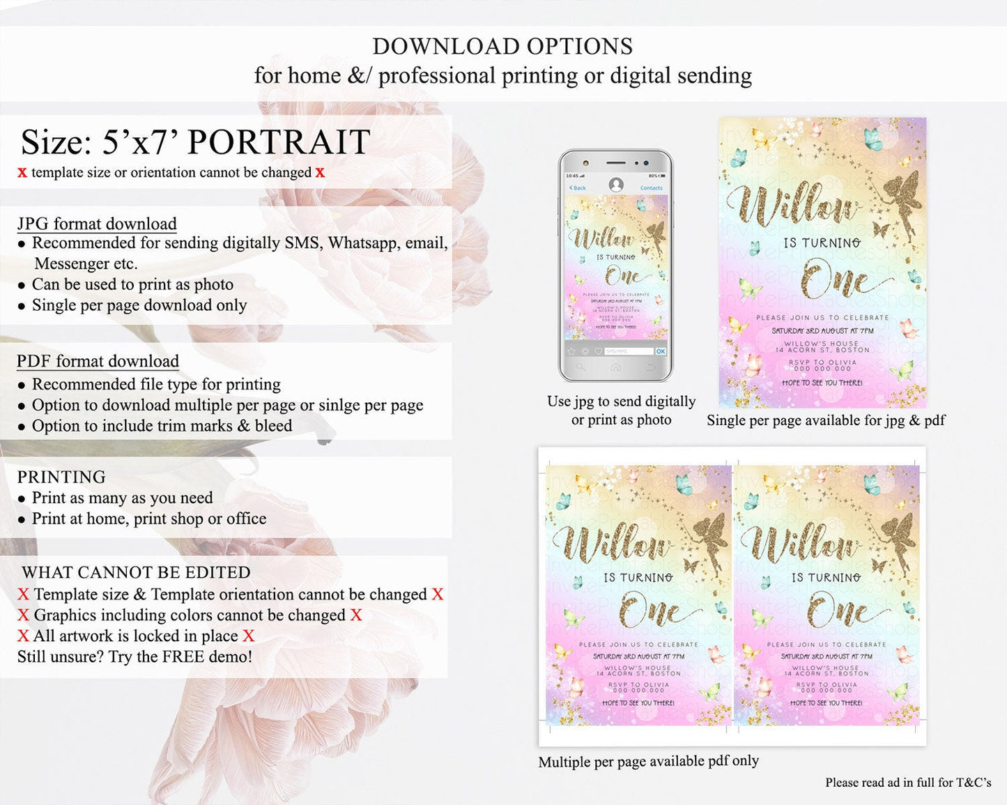 Pastel Fairy Birthday Invitation Pastel Butterflies Fairy Birthday Invitation Rainbow Ombre Watercolor 1st 2nd Birthday Invitation D23156