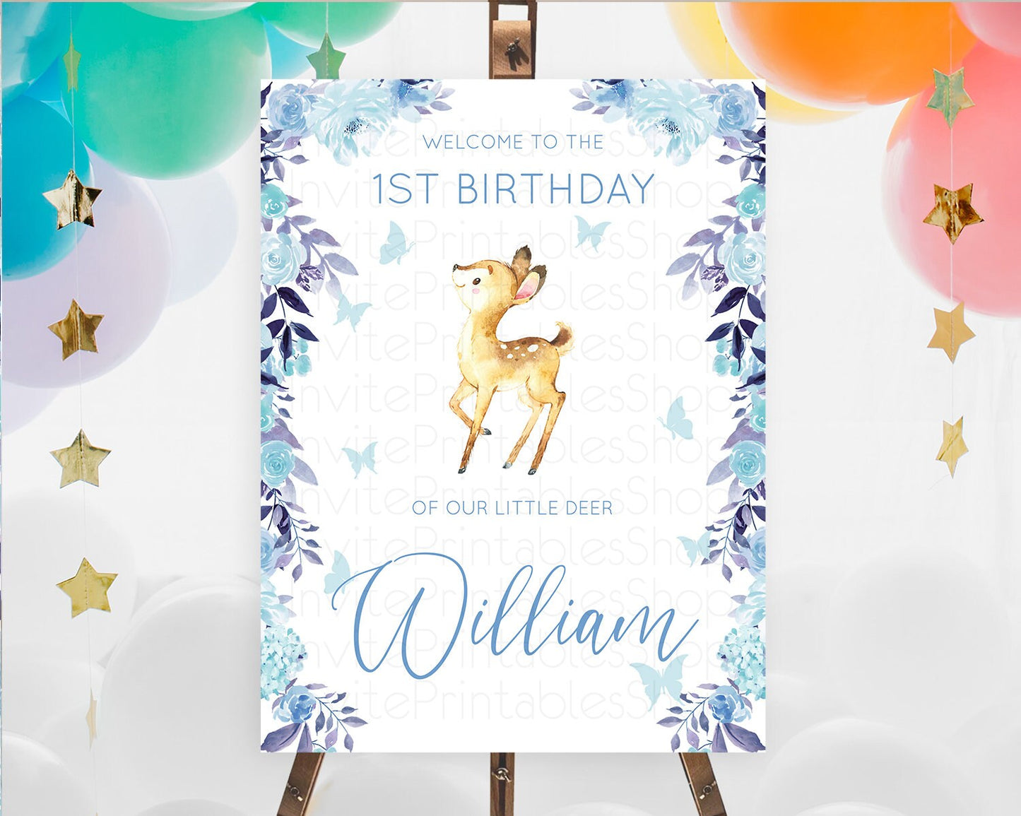 Fawn Welcome Sign Deer Welcome Board Floral Deer Welcome Poster Enchanted Forest Butterfly Pastel Floral First Birthday Welcome Sign D10917