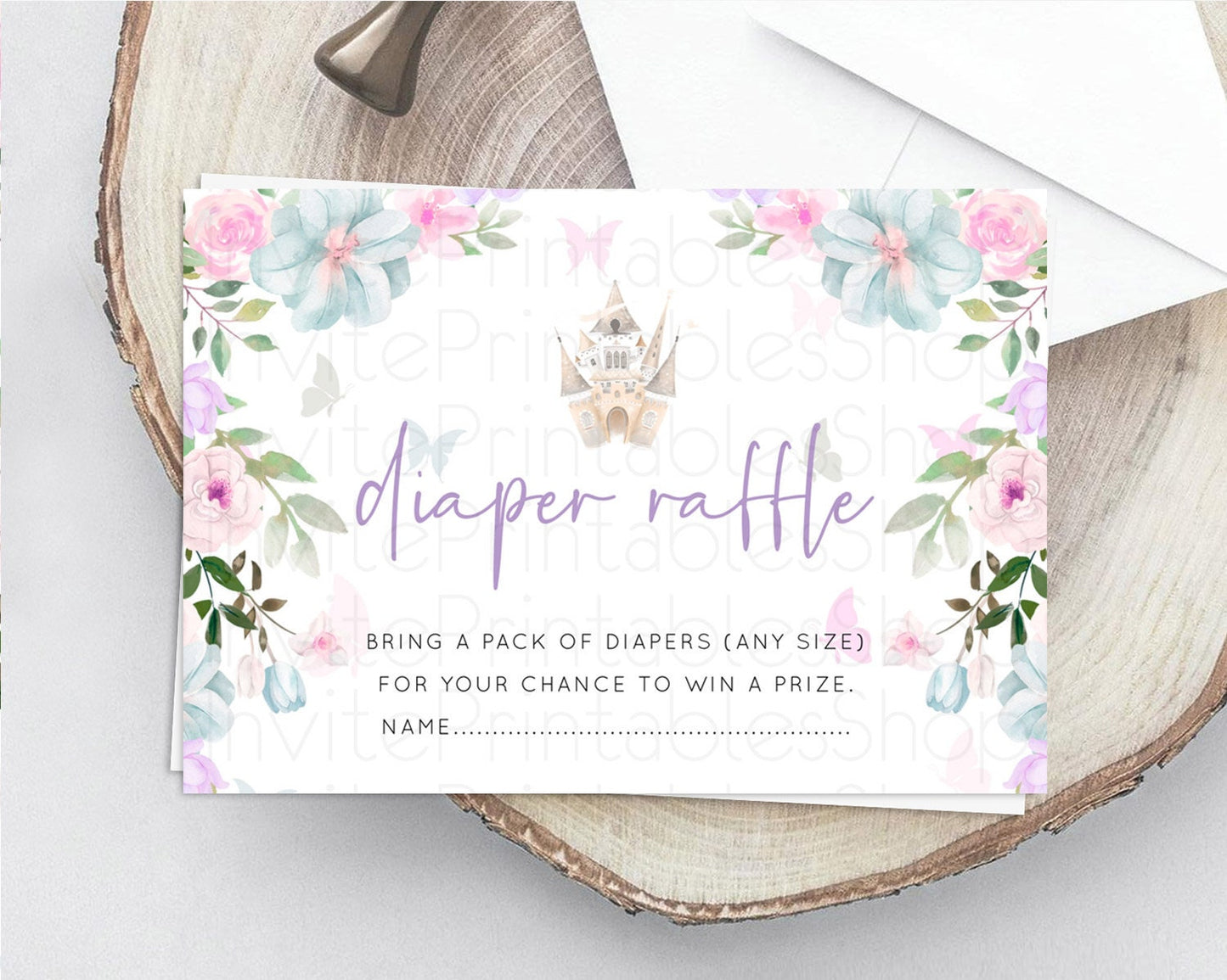 Princess Diaper Raffle Card Castle Diaper Ticket Insert Secret Garden Enchanted Castle Pastel Floral Garden Baby Shower Poem Request D10471