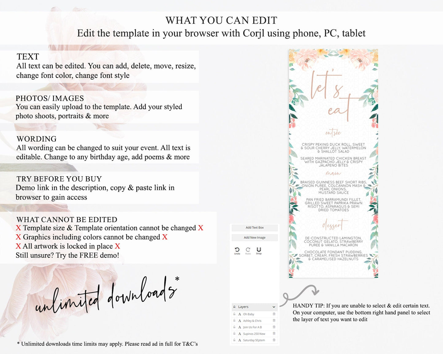 Secret Garden Menu Wildflower Menu Template Pastel Flower Garden Table Decor Boho Floral Dinner Dessert Floral Party Food Menu D10706