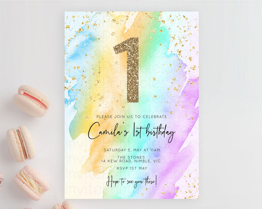 Editable Rainbow Birthday Invitation Colorful Pastel Watercolor Invitation G