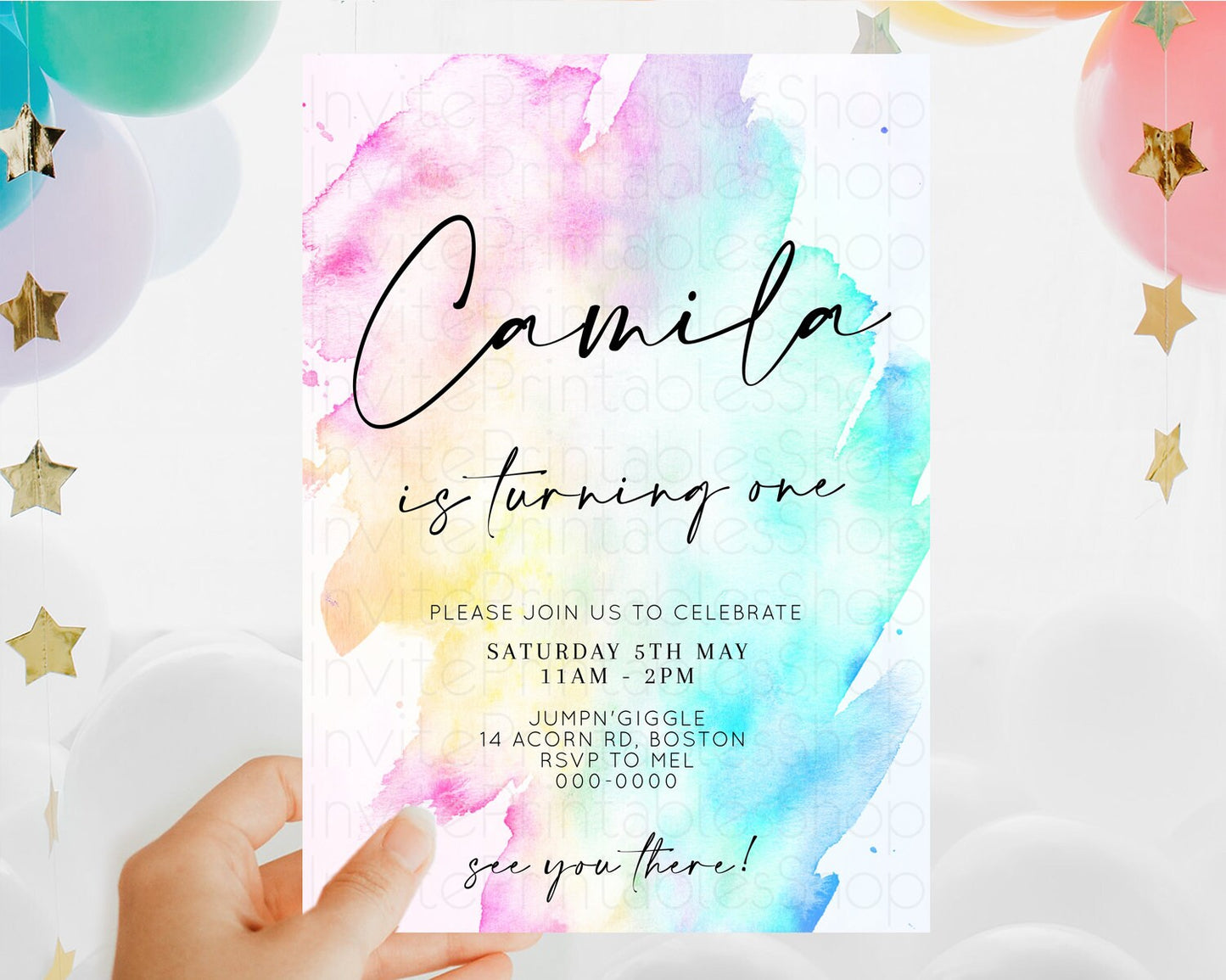 Rainbow Birthday Invitation Colorful Pastel Watercolor Invitation Gold Glitter Sprinkles Ombre Pastel 1st 2nd 3rd Birthday D11020