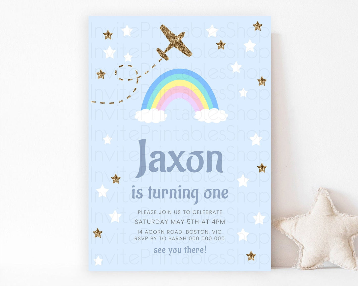 Plane Birthday Invitation Plane Invite Pastel Rainbow Clouds Stars Party Adventure Awaits Up Up Away Glitter 2nd 1st First Birthday D10220