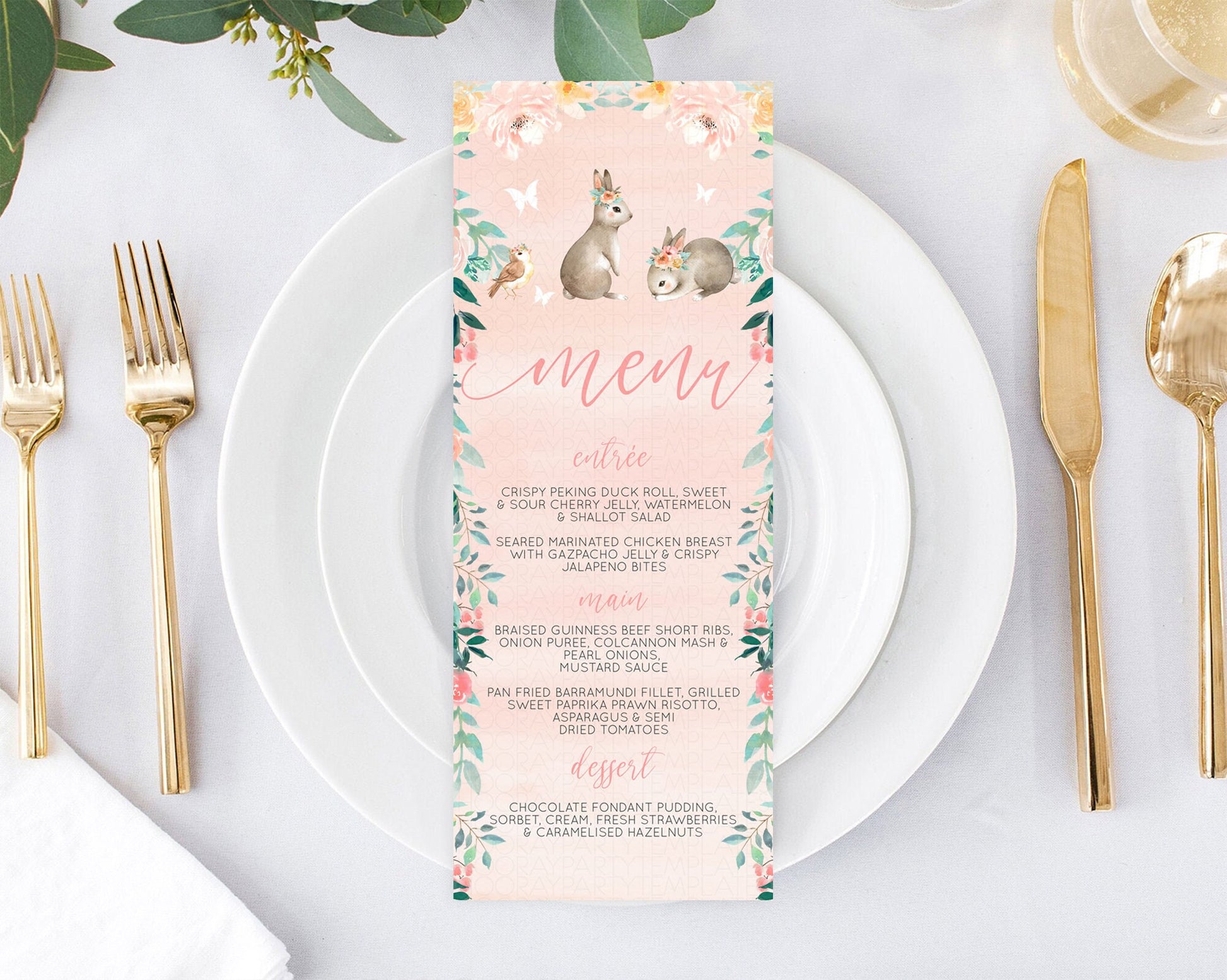 Editable Bunny Menu Floral Bunny Menu Template Pastel Flowers Bunny Table De