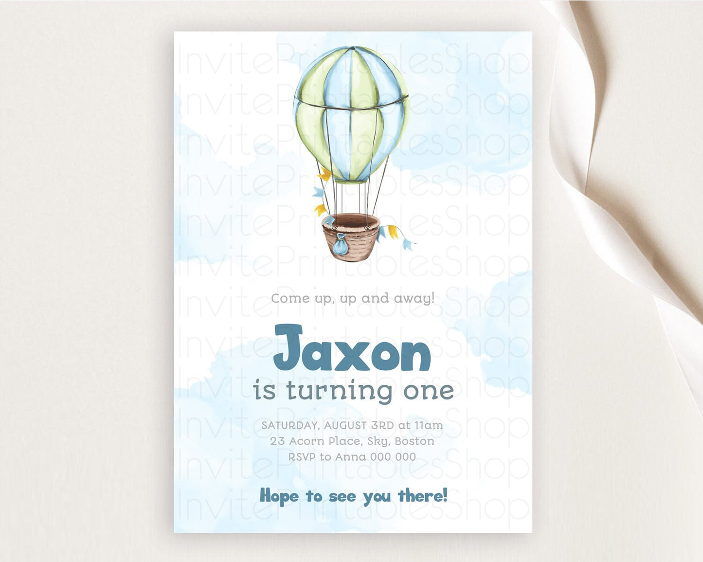 Hot Air Balloon Birthday Invitation Hot Air Balloon Invites Adventure Awaits Up Up & Away Glitter Blue Watercolor 1st Birthday Boy D10661