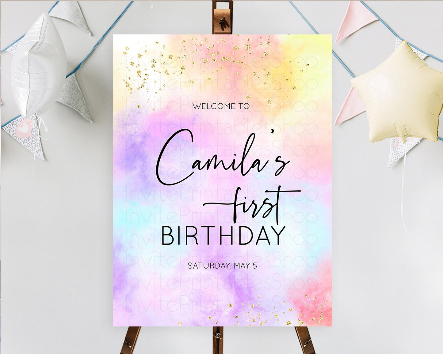 Pastel Welcome Sign Pastel Rainbow Welcome Sign Colorful Rainbow Confetti Watercolor Glitter Pastel First Birthday Welcome Sign D10437