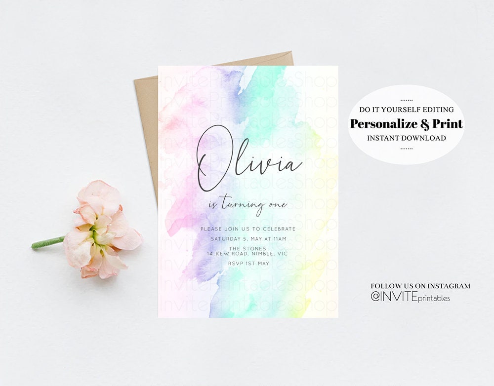 Watercolor Birthday Invitation Colorful Pastel Rainbow Splash Ombre Ink Paint Purple Blue Yellow Modern Simple Custom Printable C210