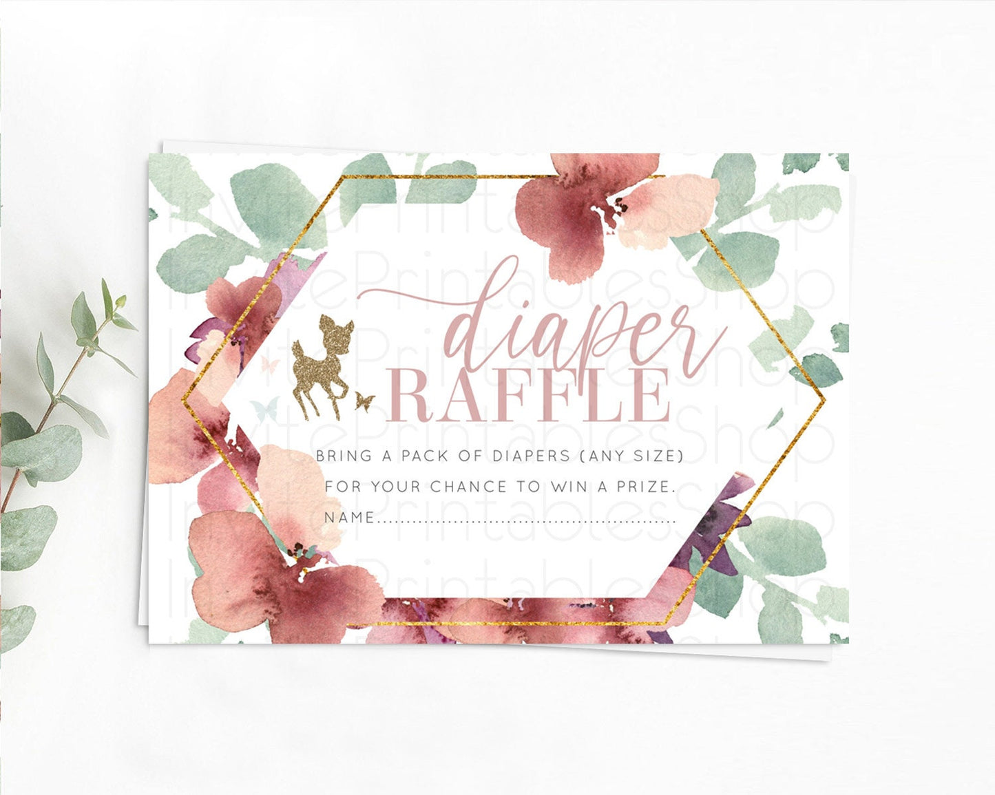 Fawn Diaper Raffle Card Deer Diaper Insert Floral Deer Diaper Ticket Enchanted Forest Butterfly Pastel Baby Shower Raffle Game D10459