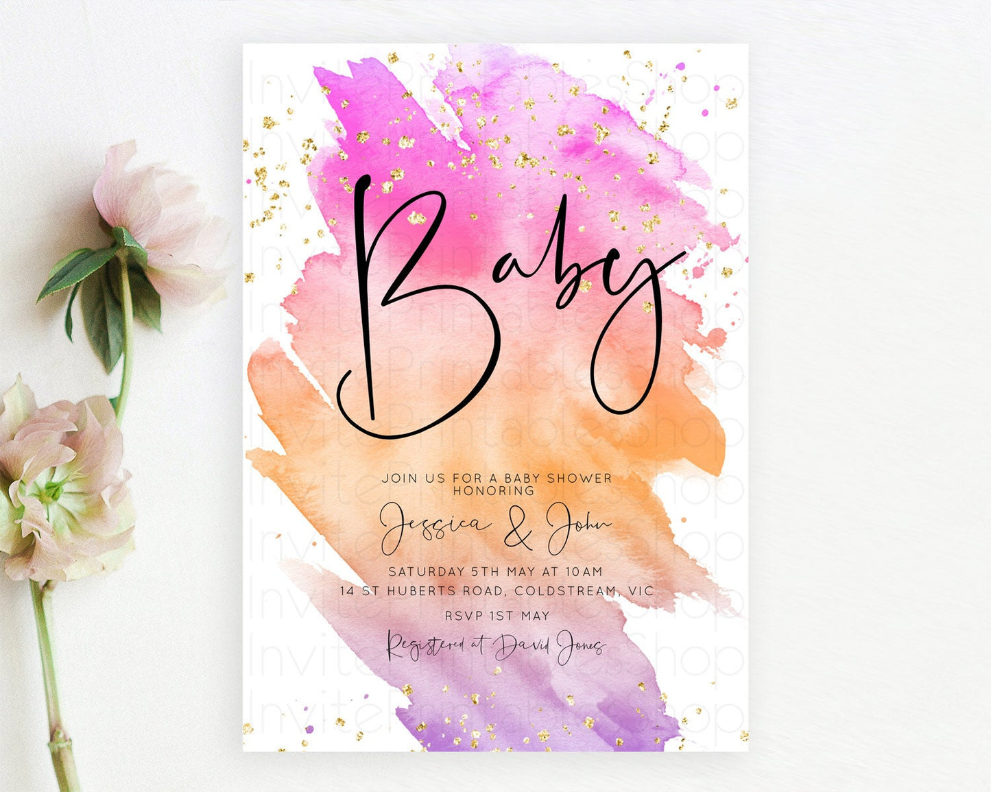 Pastel Baby Shower Invitation Rainbow Baby Shower Invitation Colorful Pastel Watercolor Invitation Gold Glitter Sprinkles Ombre D10488