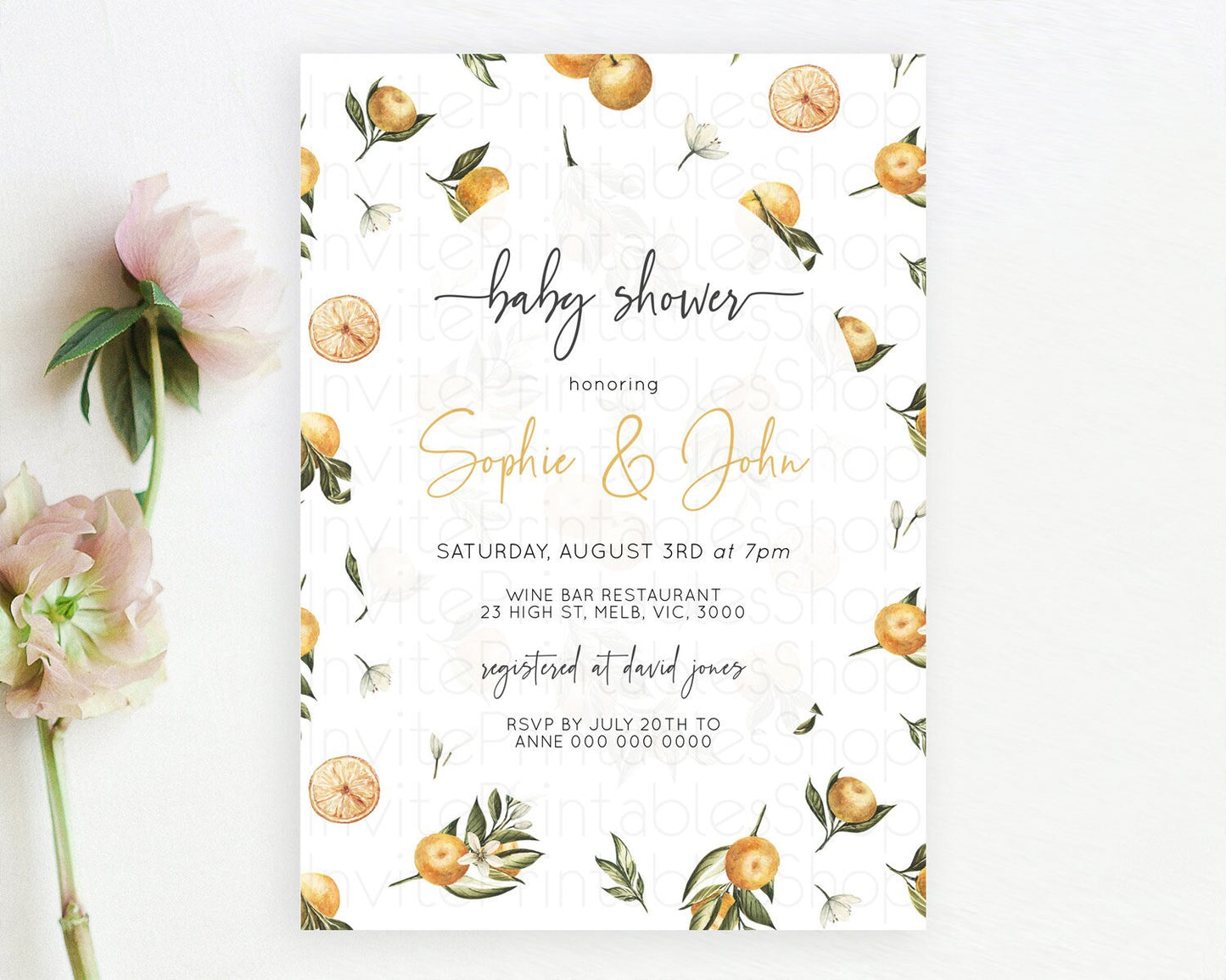 Citrus Baby Shower Invitation Orange Lemon Invitation Citrus Floral Garden Theme Citrus Floral Watercolor Invitation D10545