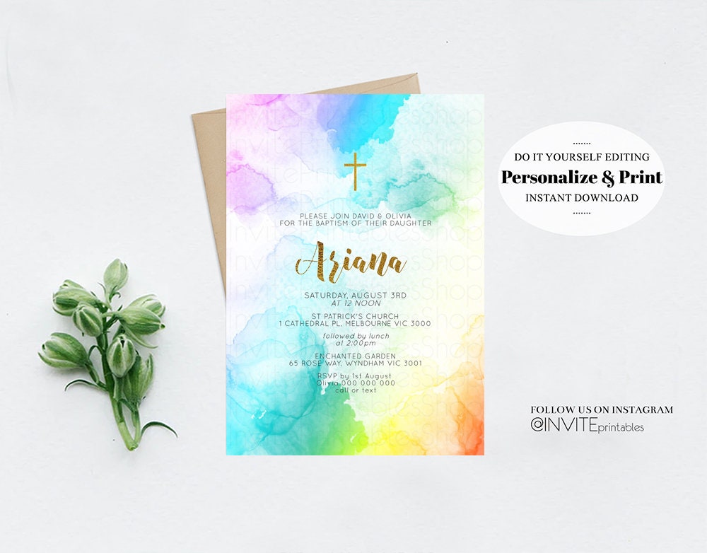 Rainbow Baptism Invitation Pastel Watercolor Christening Invitation Vibrant Colorful Splash Gold Foil Multi Color Communion Orthodox Cross