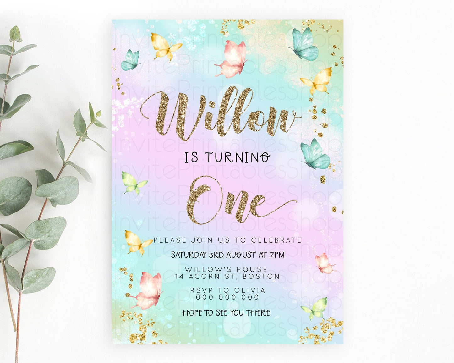 Pastel Butterfly Birthday Invitation Butterfly Birthday Invitation Colorful Splash Glitter Butterfly Garden 1st 2nd Birthday D23090