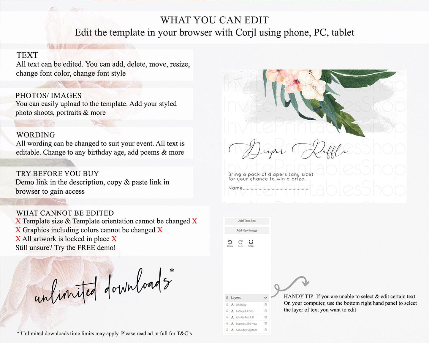 Tropical Diaper Raffle Card Tropical Diaper Raffle Insert Palm Leaf Diaper Ticket Fern Frangipani Floral White Orchid Raffle Game D11011