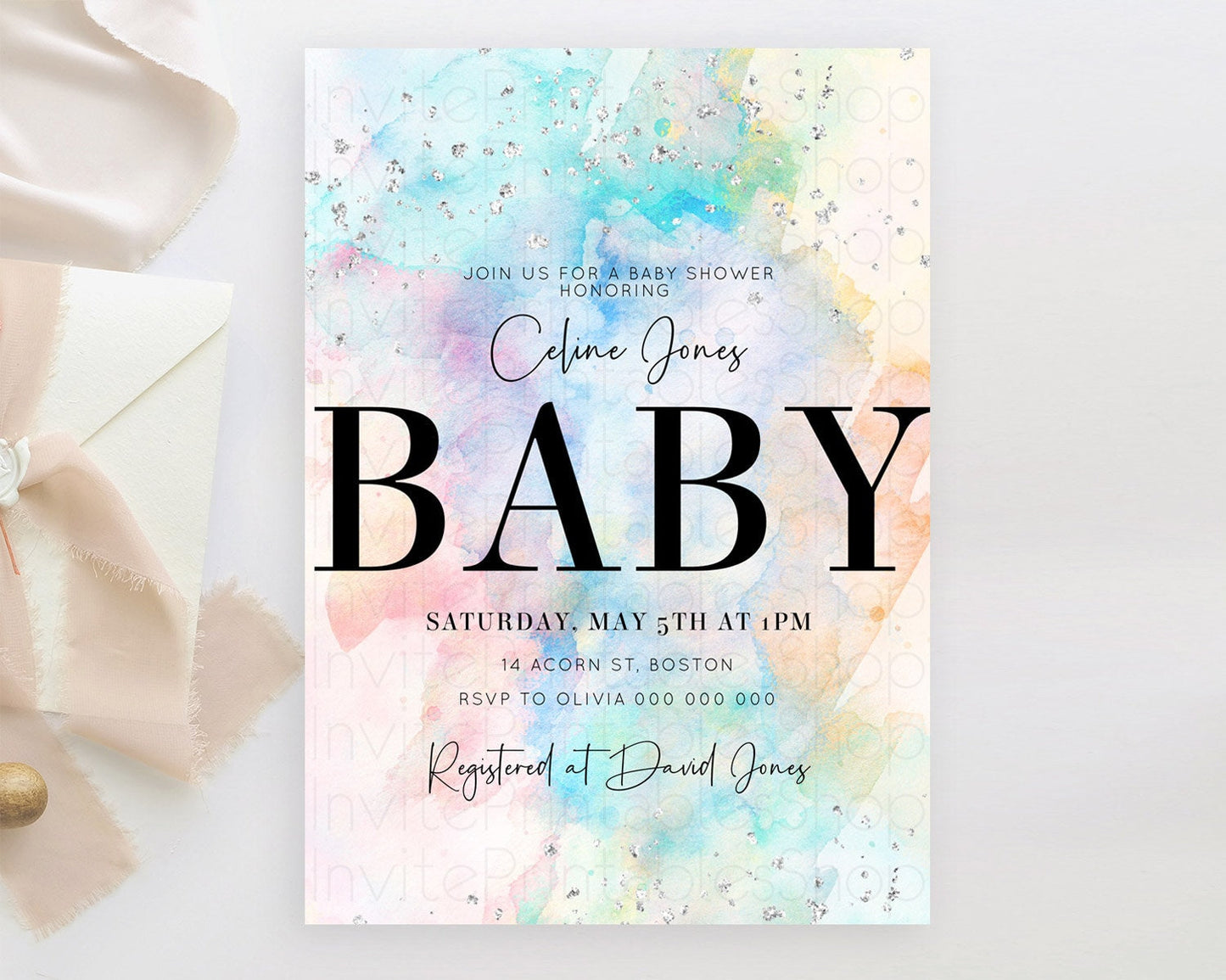 Pastel Rainbow Baby Shower Invitation, Pastel Watercolor, Colorful Ombre Splash with Silver Sprinkles- Teal Blue, Orange, Yellow Pink D11031