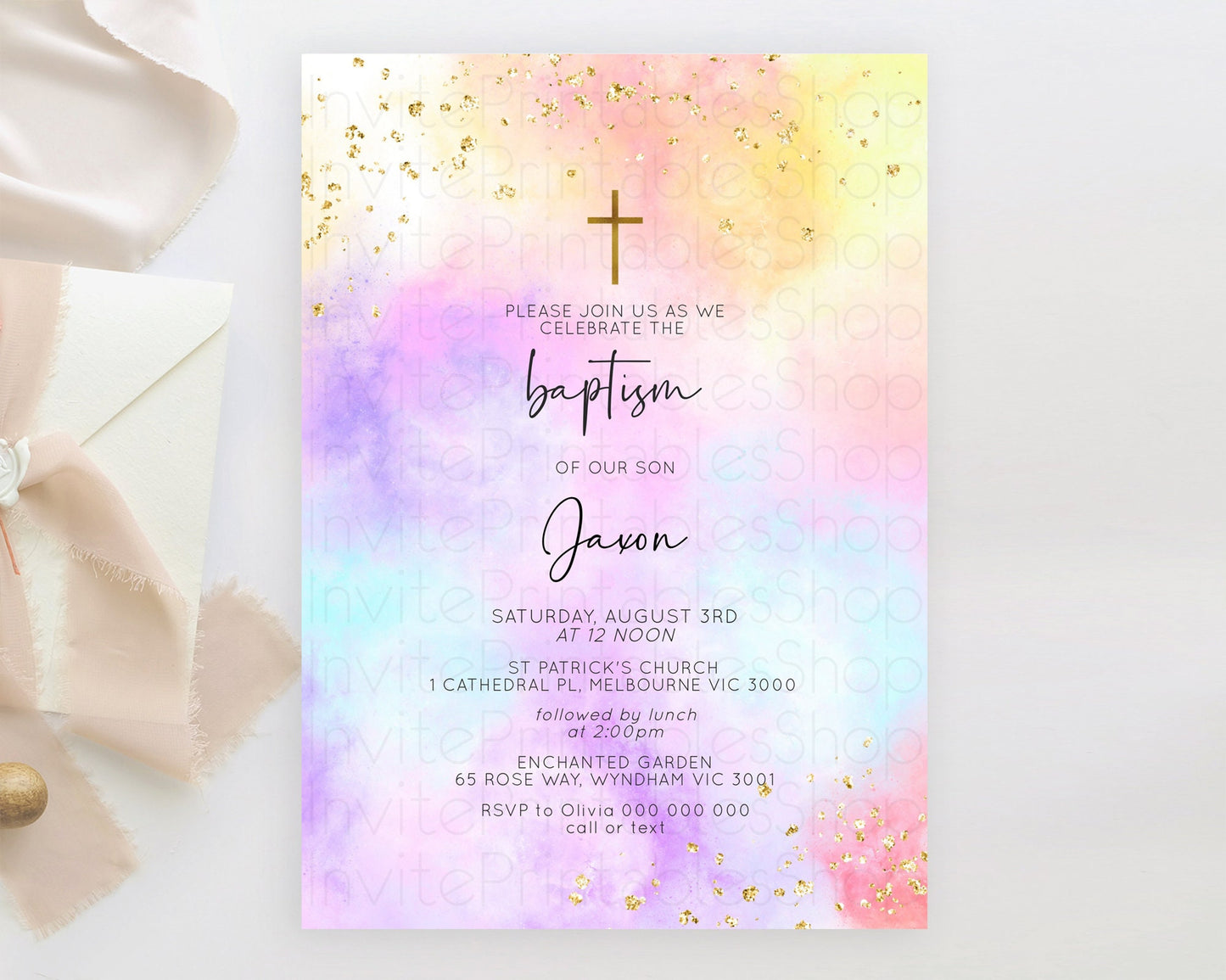 Pastel Baptism Invitation Pastel Colors Watercolor Baptism 1st Birthday Party Gold Ombre Pastel Rainbow Christening Holy Communion D10438