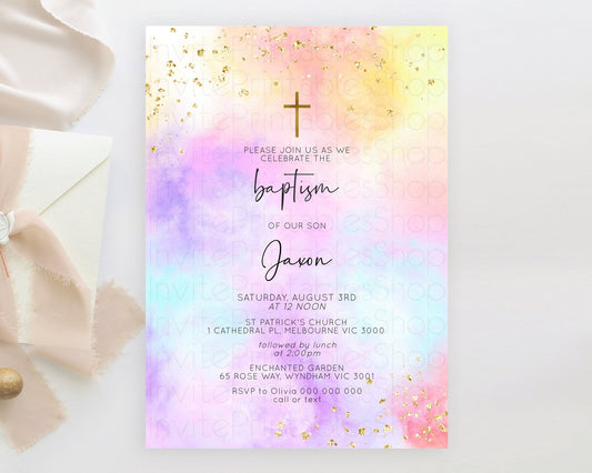 Pastel Baptism Invitation Pastel Colors Watercolor Baptism 1st Birthday Party Gold Ombre Pastel Rainbow Christening Holy Communion D10438