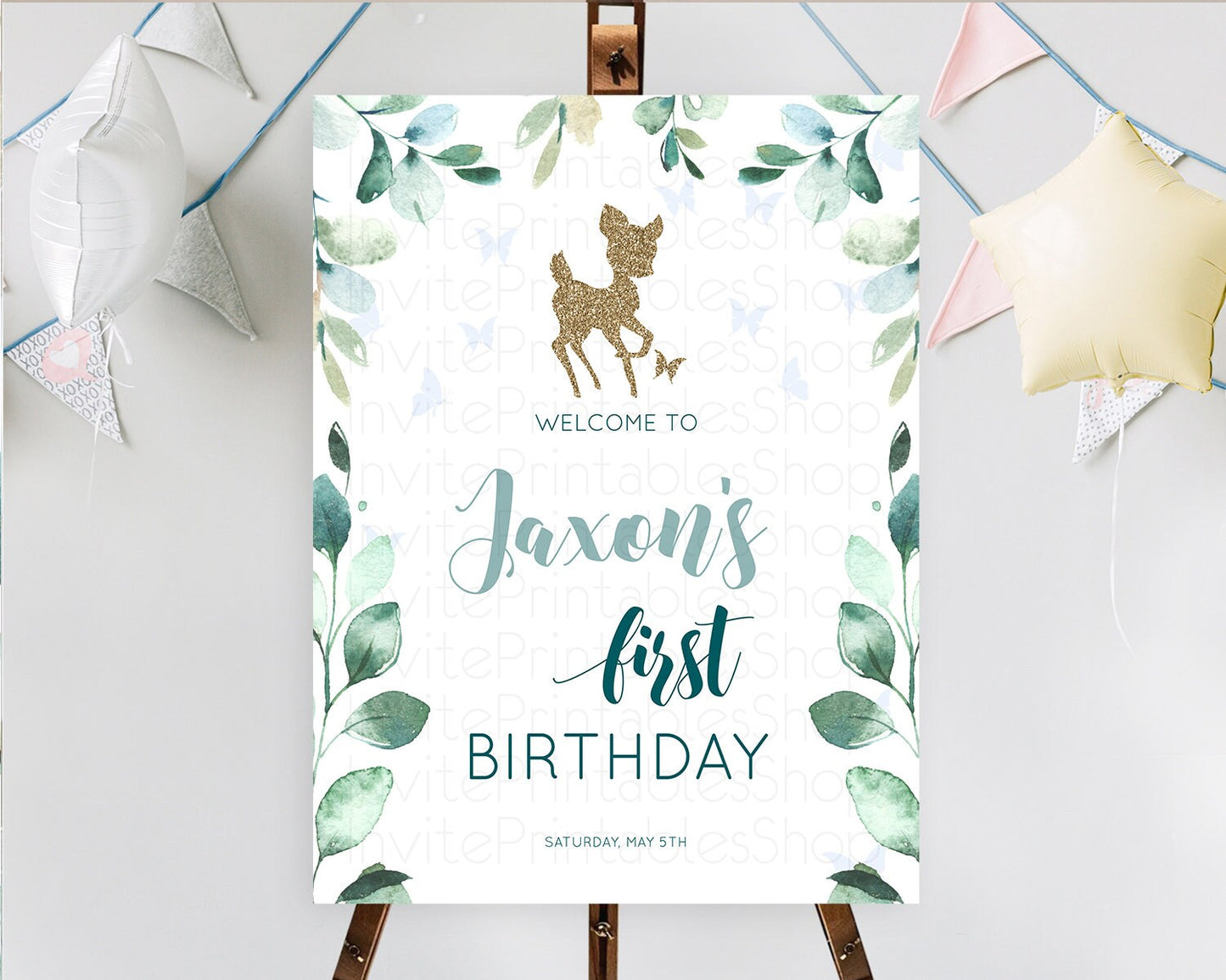 Fawn Welcome Sign Deer Welcome Board Floral Deer Welcome Poster Enchanted Forest Butterfly Pastel Floral First Birthday Welcome Sign D10882