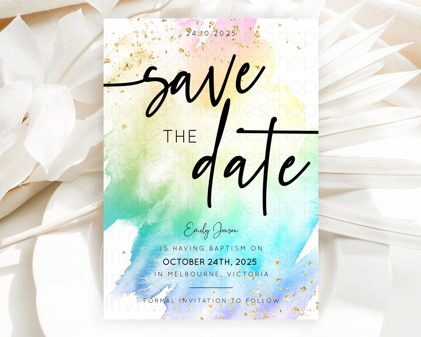 Pastel Save The Date Template Pastel Ombre Rainbow Watercolor Colorful Party For Birthday Baptism Baby Shower Wedding Bridal Shower D10256